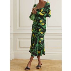 Ganni Ruched Black Banana Palm Print Midi Dress